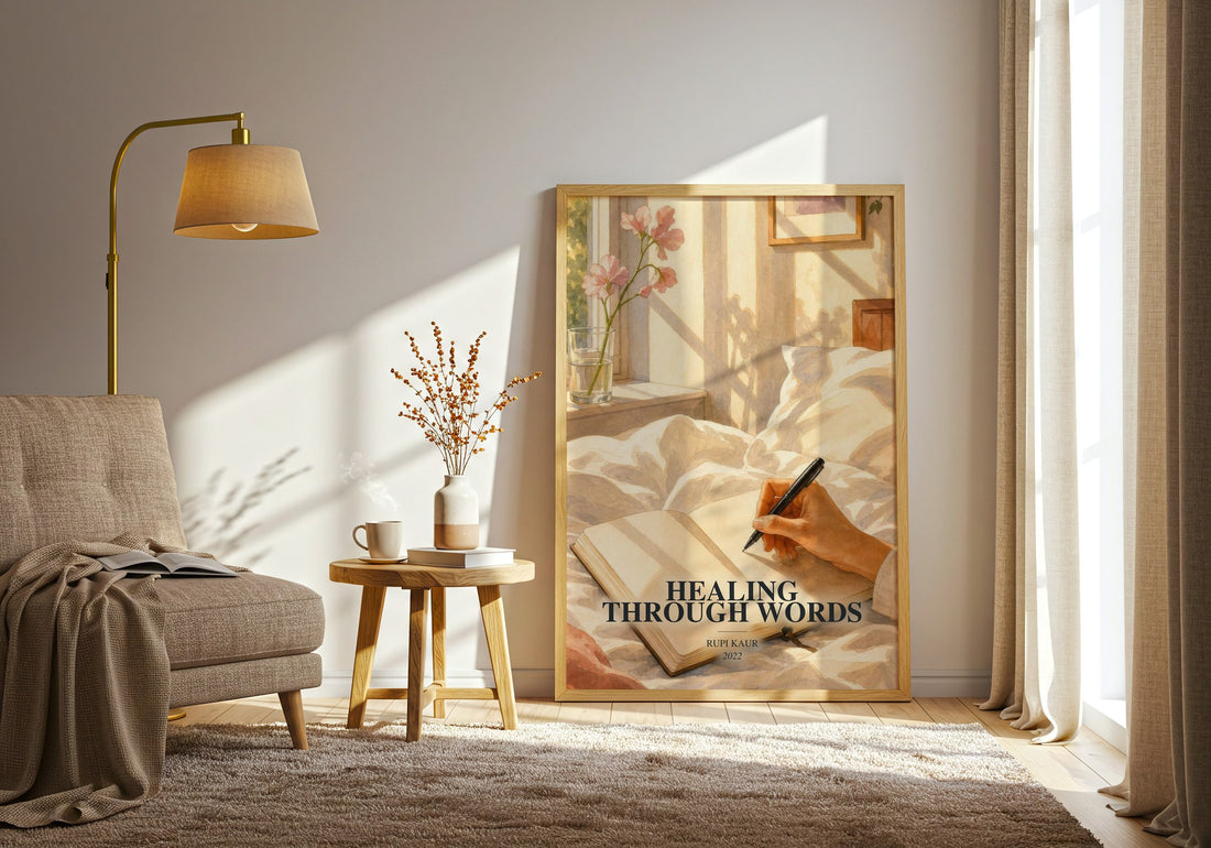 Healing Through Words watercolour print in frame leaning in hallway – poetry wall art