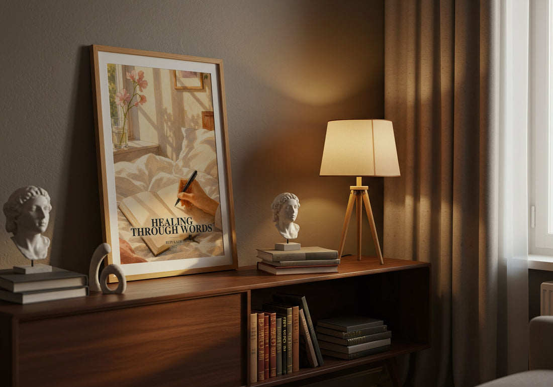 Healing Through Words watercolour print on bookshelf – Rupi Kaur fan gift