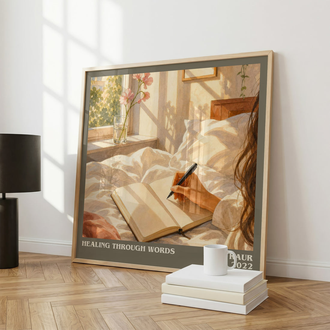 Healing Through Words literary print framed by window – literary home decor