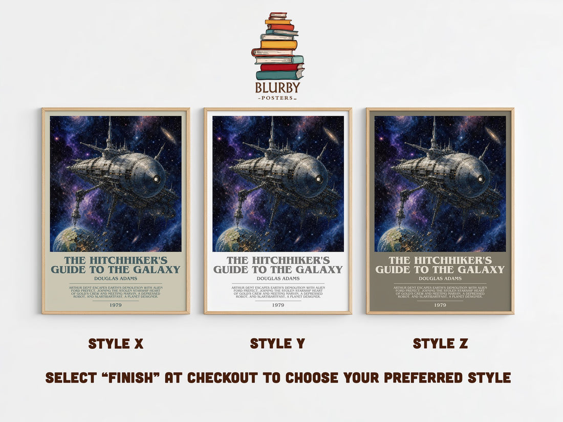 The Hitchhiker's Guide to the Galaxy bookish print in frame leaning in hallway – sci fi wall art (mockup)