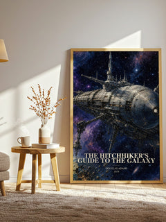 The Hitchhiker's Guide to the Galaxy watercolour print in frame leaning in hallway – sci fi wall art