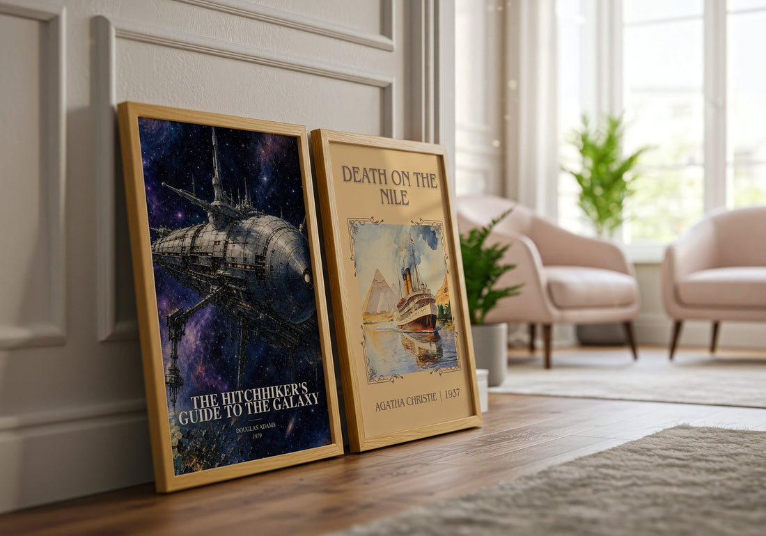 The Hitchhiker's Guide to the Galaxy watercolour print framed by window – literary home decor