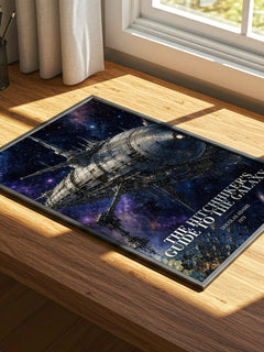 The Hitchhiker's Guide to the Galaxy watercolour book poster framed on wall – sci fi wall art
