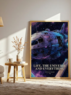Life, the Universe and Everything watercolour print in frame leaning in hallway – sci fi wall art