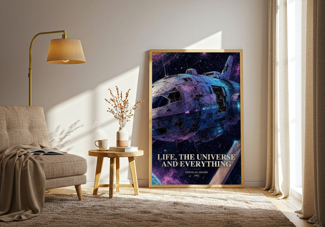 Life, the Universe and Everything watercolour print in frame leaning in hallway – sci fi wall art