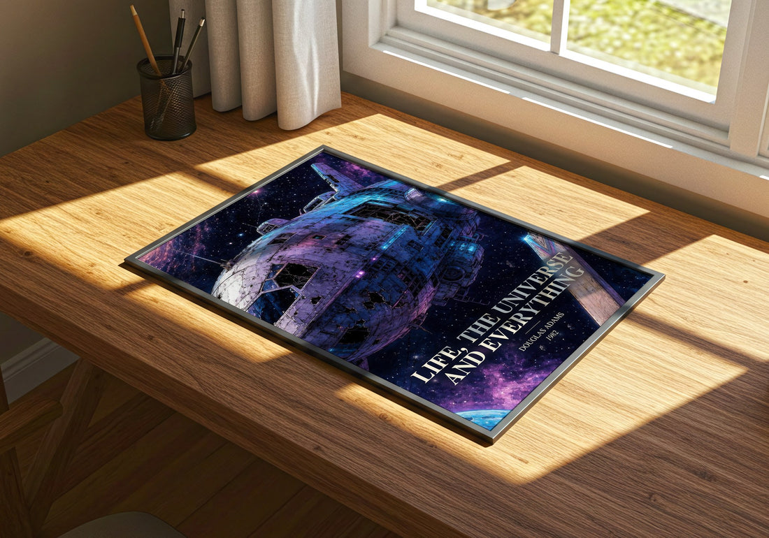 Life, the Universe and Everything watercolour book poster framed on wall – sci fi wall art