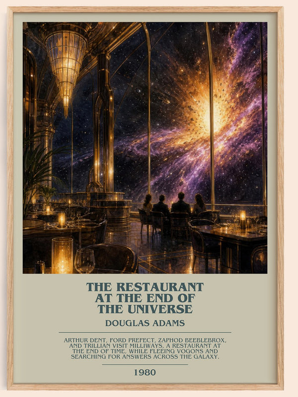 The Restaurant at the End of the Universe bookish book poster by Douglas Adams – framed literary art print