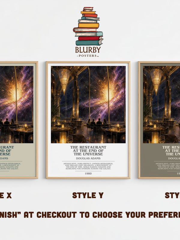 The Restaurant at the End of the Universe bookish print in frame leaning in hallway – sci fi wall art