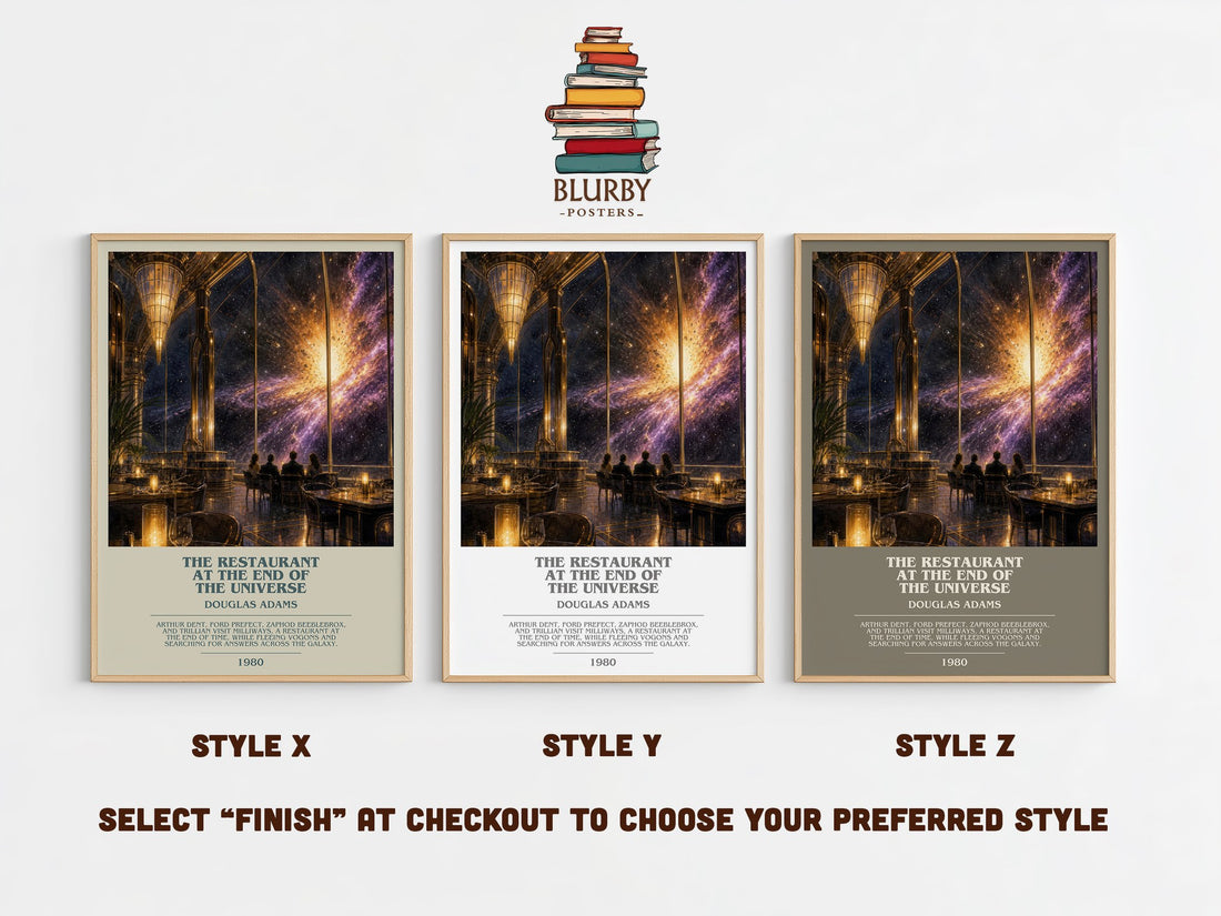 The Restaurant at the End of the Universe bookish print in frame leaning in hallway – sci fi wall art (mockup)