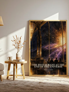 The Restaurant at the End of the Universe watercolour print in frame leaning in hallway – sci fi wall art