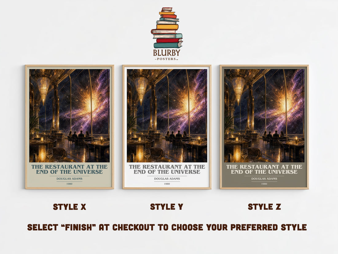 The Restaurant at the End of the Universe book cover print in frame leaning in hallway – sci fi wall art (mockup)