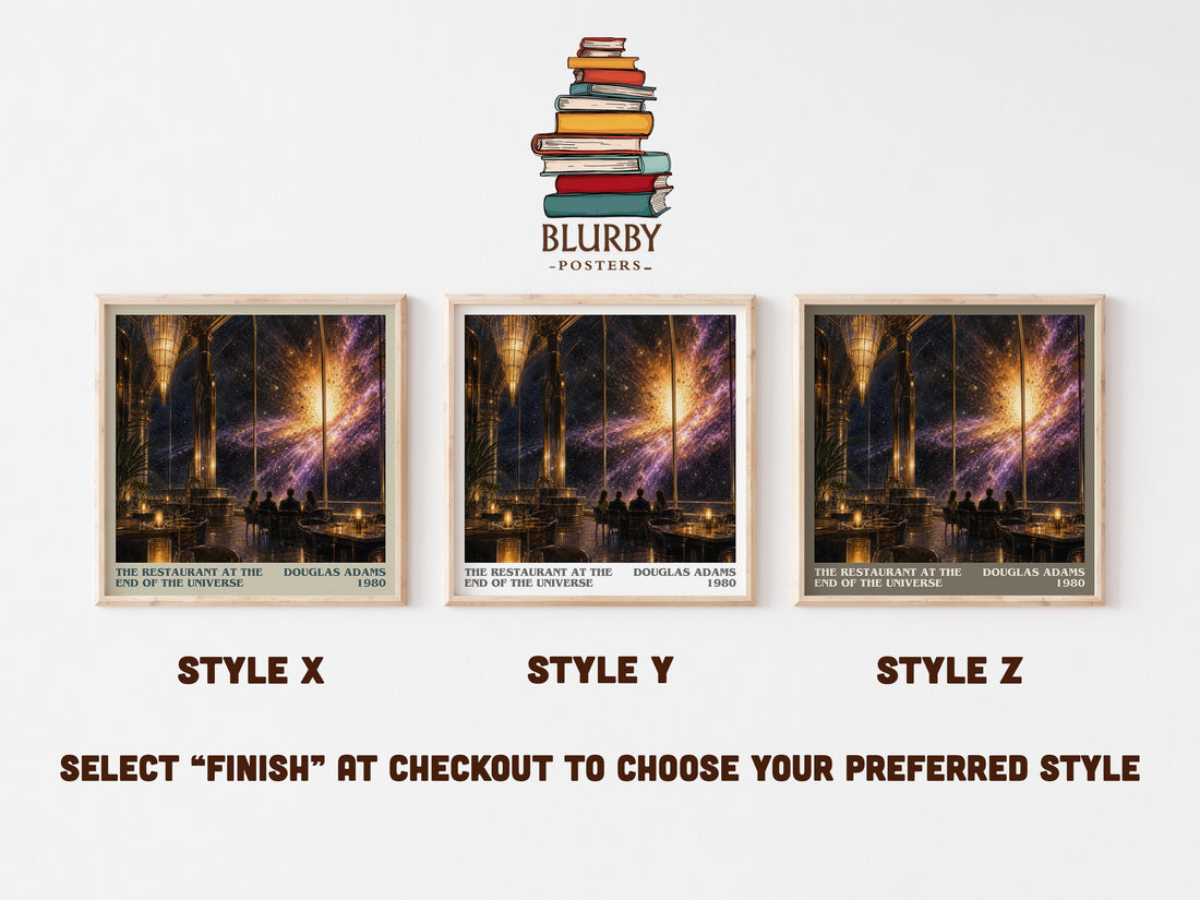 The Restaurant at the End of the Universe literary print in frame leaning in hallway – sci fi wall art (mockup)