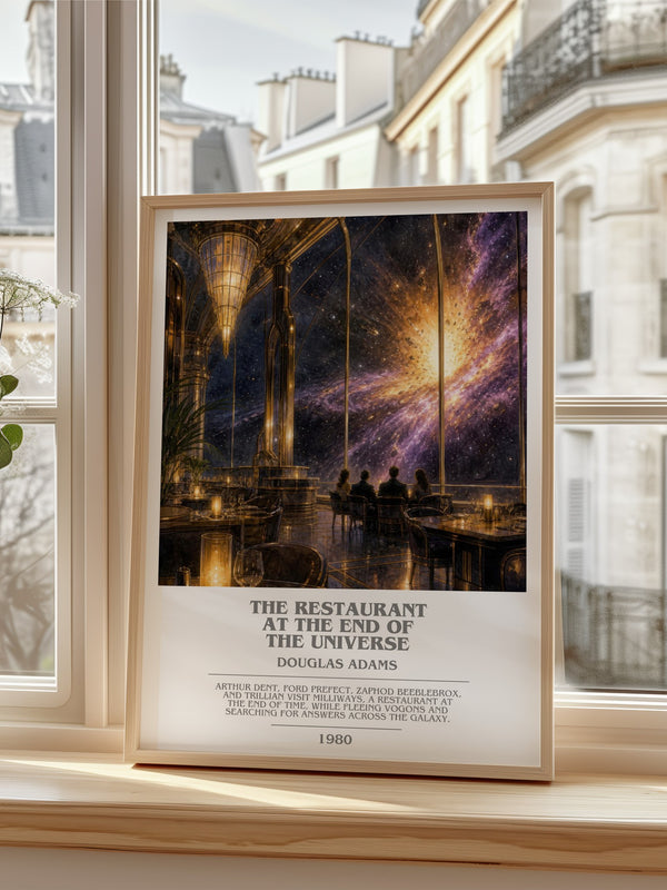 The Restaurant at the End of the Universe bookish poster colour and style options – Douglas Adams book art
