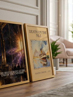 The Restaurant at the End of the Universe watercolour print framed by window – literary home decor