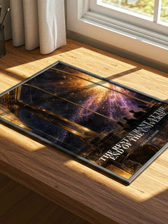 The Restaurant at the End of the Universe watercolour book poster framed on wall – sci fi wall art