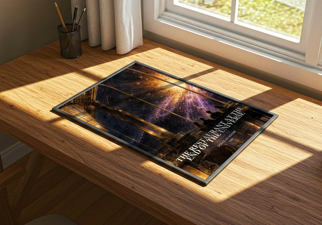 The Restaurant at the End of the Universe watercolour book poster framed on wall – sci fi wall art