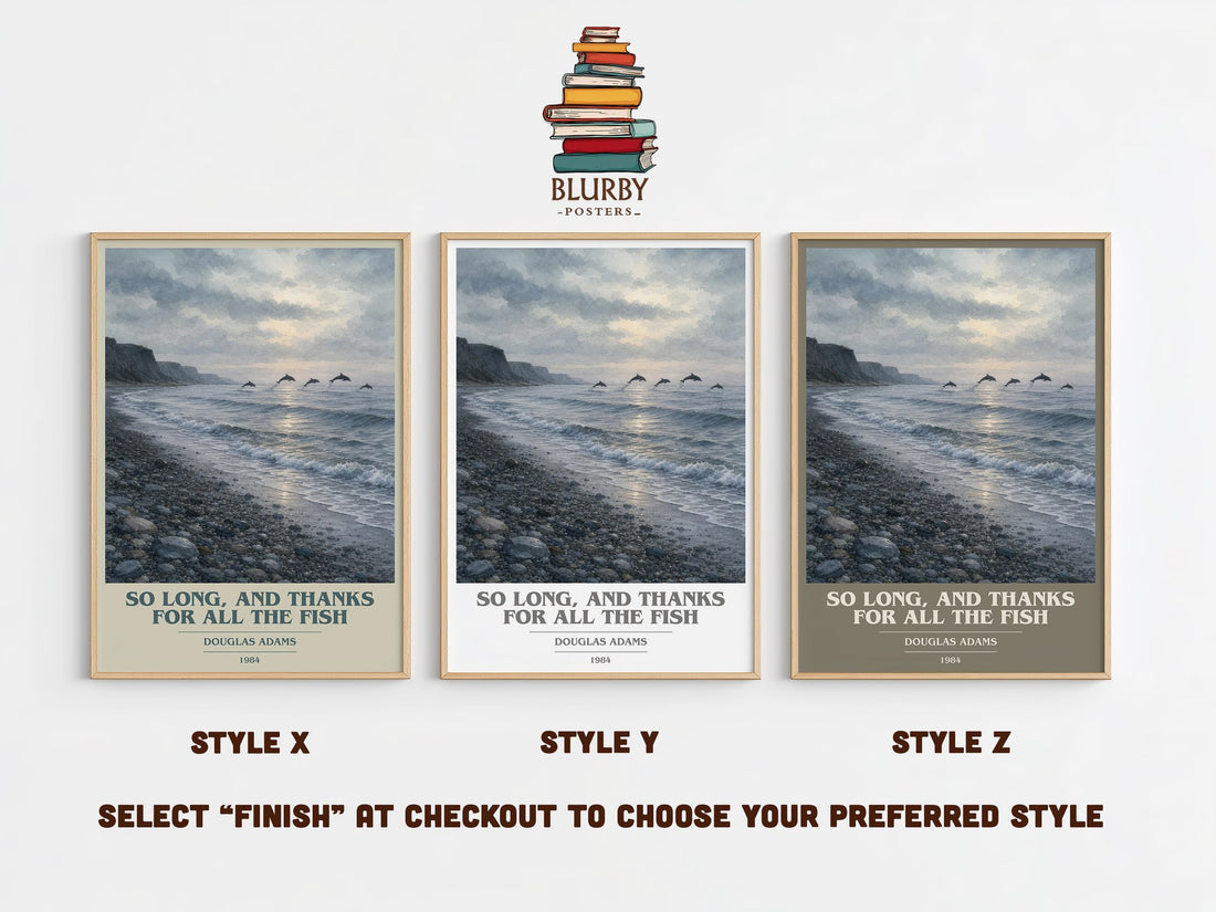 So long, and thanks for all the fish book cover print in frame leaning in hallway – sci fi wall art (mockup)