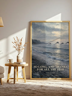 So long, and thanks for all the fish watercolour print in frame leaning in hallway – sci fi wall art