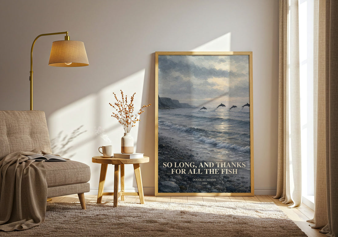 So long, and thanks for all the fish watercolour print in frame leaning in hallway – sci fi wall art