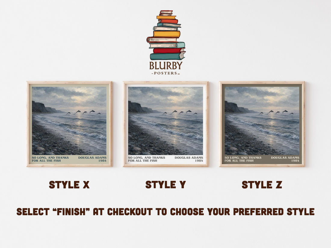 So long, and thanks for all the fish literary print in frame leaning in hallway – sci fi wall art (mockup)