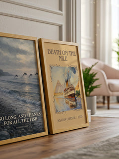 So long, and thanks for all the fish watercolour print framed by window – literary home decor