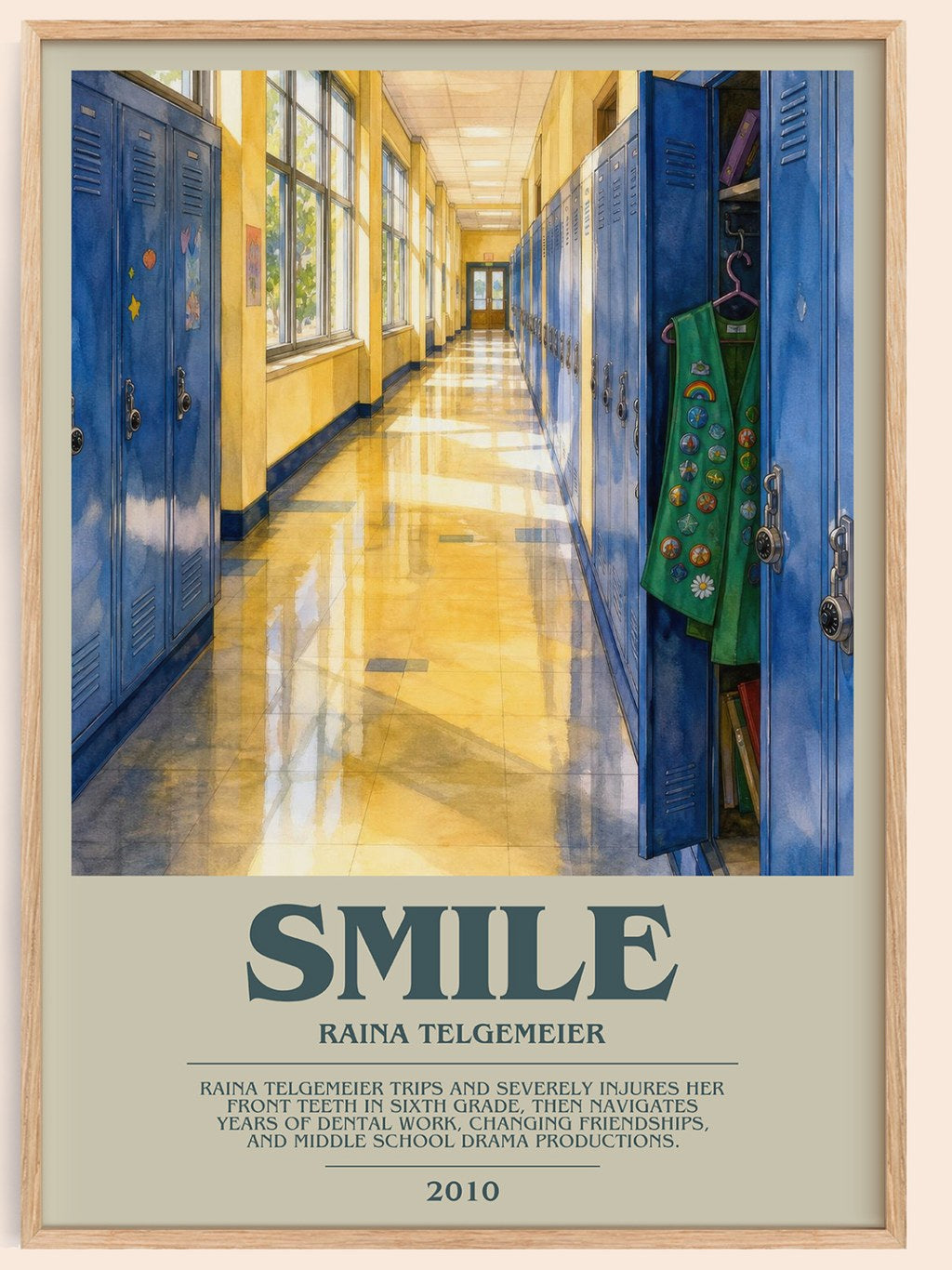 Smile bookish book poster by Raina Telgemeier – framed literary art print