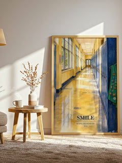 Smile watercolour print in frame leaning in hallway – memoir wall art