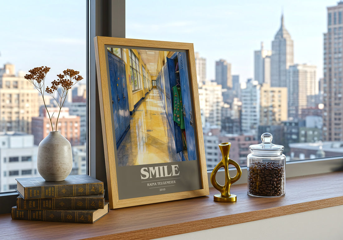 Smile book cover print framed by window – literary home decor