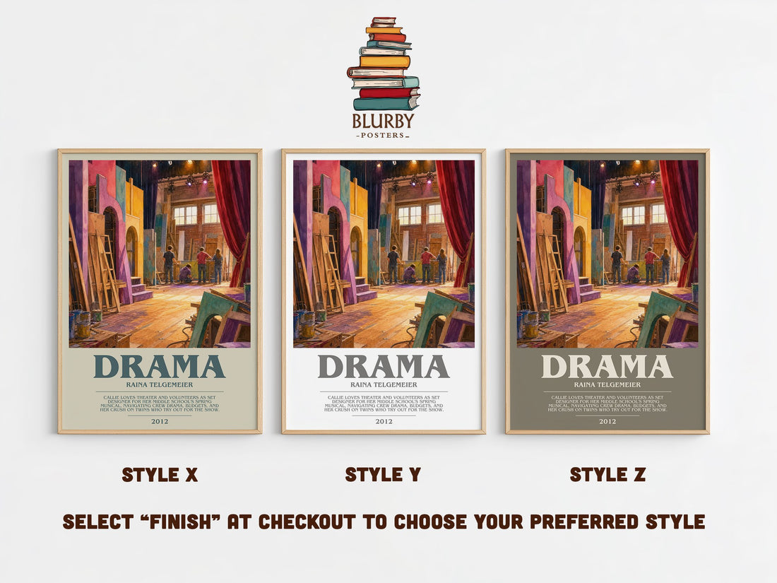 Drama bookish print in frame leaning in hallway – childrens wall art (mockup)