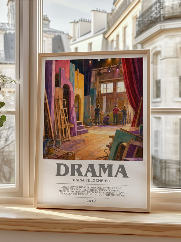 Drama bookish poster colour and style options – Raina Telgemeier book art
