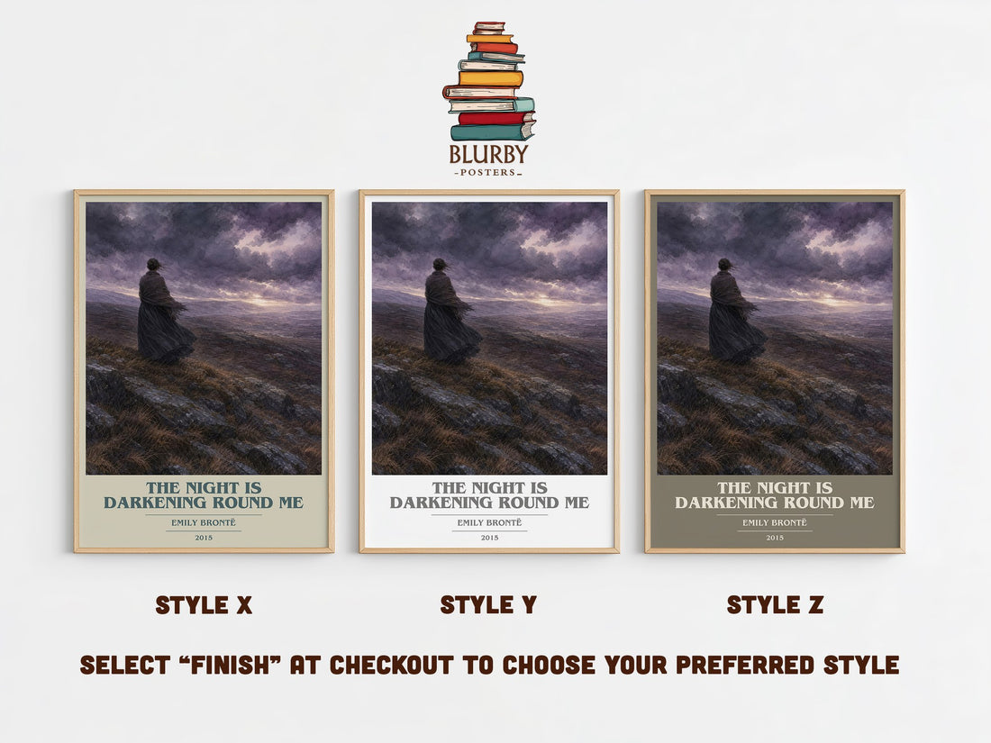 The Night is Darkening Round Me book cover print in frame leaning in hallway – poetry wall art (mockup)