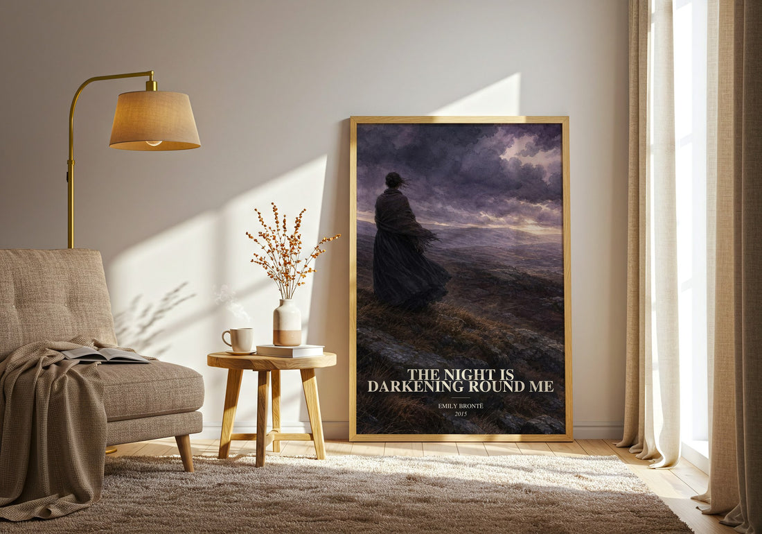 The Night is Darkening Round Me watercolour print in frame leaning in hallway – poetry wall art