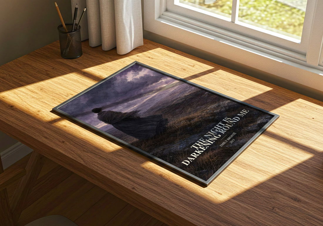 The Night is Darkening Round Me watercolour book poster framed on wall – poetry wall art