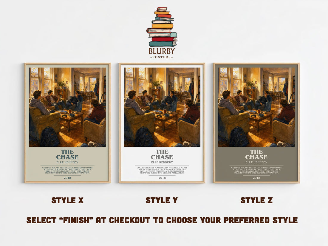 The Chase bookish print in frame leaning in hallway – romance wall art (mockup)