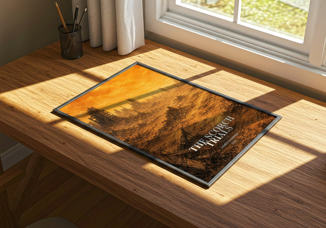 The Scorch Trials watercolour book poster framed on wall – dystopian wall art