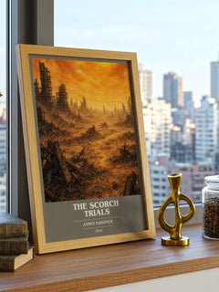 The Scorch Trials book cover print framed by window – literary home decor
