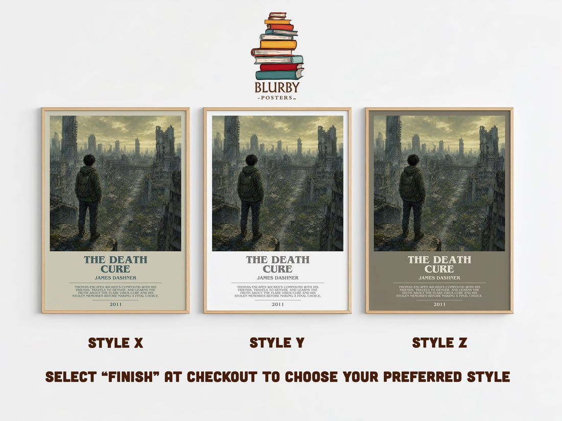 The Death Cure bookish print in frame leaning in hallway – dystopian wall art (mockup)