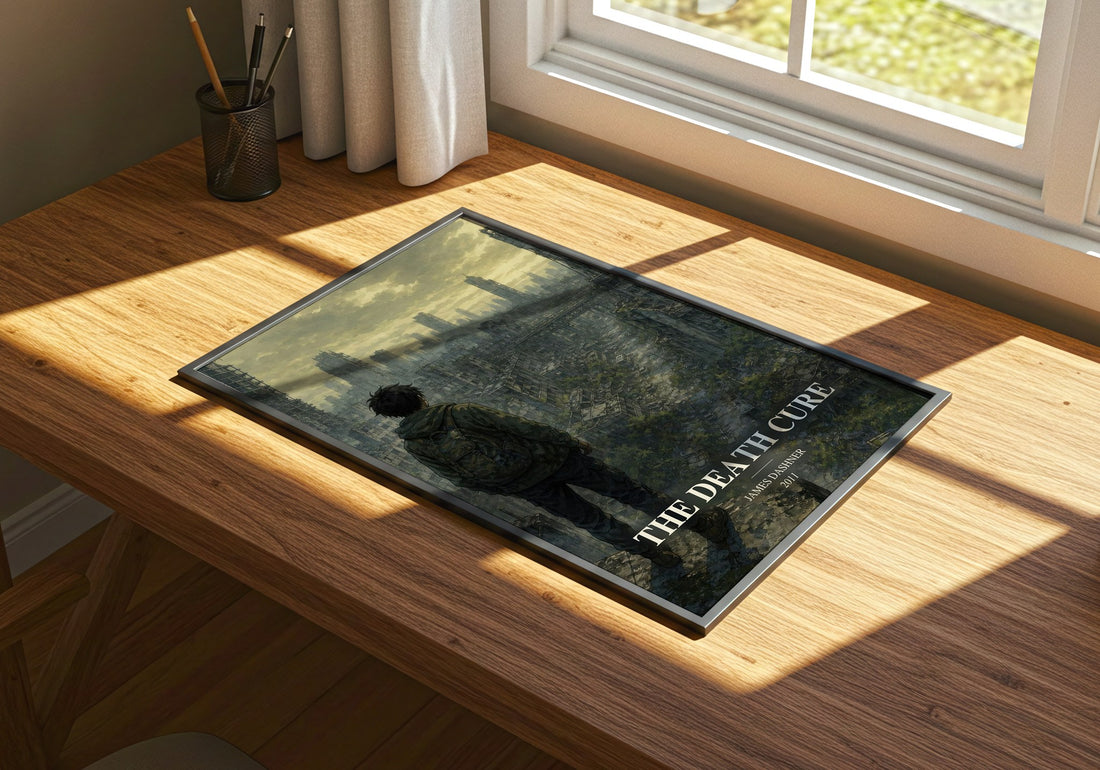 The Death Cure watercolour book poster framed on wall – dystopian wall art