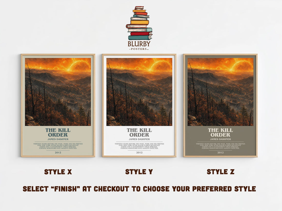 The Kill Order bookish print in frame leaning in hallway – dystopian wall art (mockup)