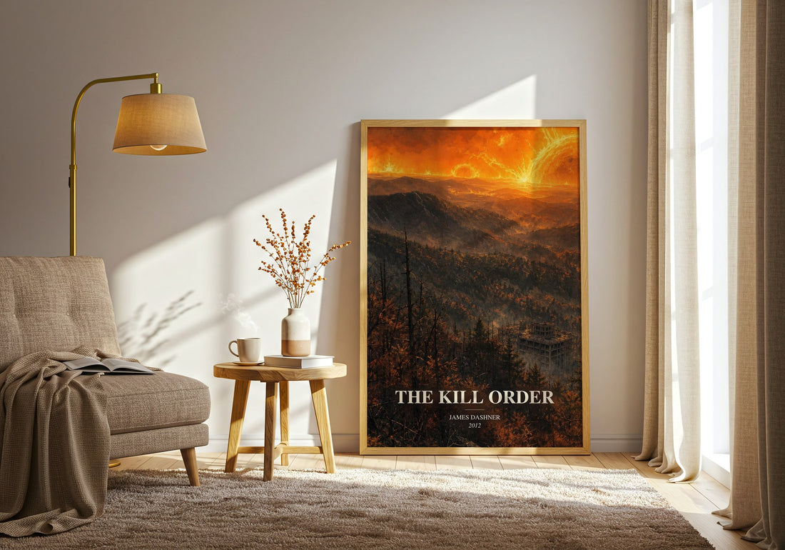 The Kill Order watercolour print in frame leaning in hallway – dystopian wall art