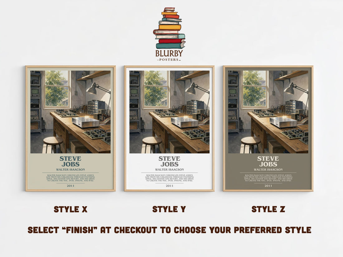 Steve Jobs bookish print in frame leaning in hallway – non fiction wall art (mockup)