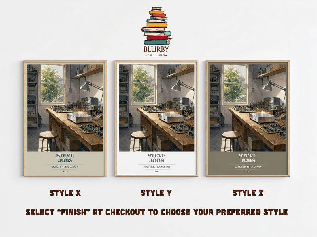 Steve Jobs book cover print in frame leaning in hallway – non fiction wall art (mockup)