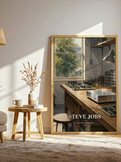 Steve Jobs watercolour print in frame leaning in hallway – non fiction wall art