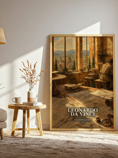 Leonardo da Vinci watercolour print in frame leaning in hallway – non fiction wall art