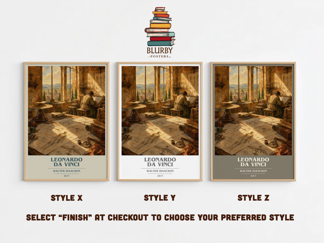 Leonardo da Vinci book cover print in frame leaning in hallway – non fiction wall art (mockup)