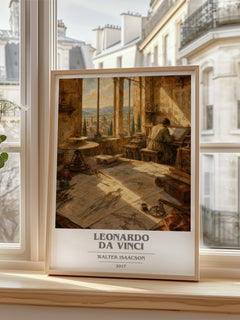 Leonardo da Vinci Book Cover Poster by Walter Isaacson – framed print by a bright window
