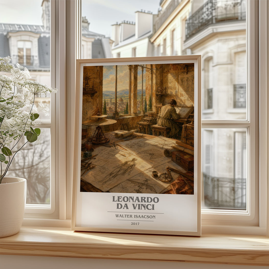 Leonardo da Vinci Book Cover Poster by Walter Isaacson – framed print by a bright window