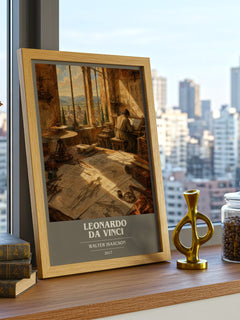 Leonardo da Vinci Book Cover Poster by Walter Isaacson – framed print on a city-view windowsill