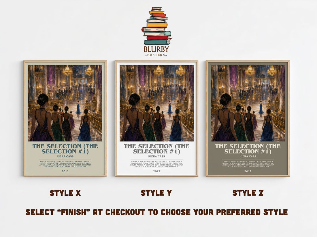 The Selection (The Selection #1) bookish print in frame leaning in hallway – dystopian wall art (mockup)