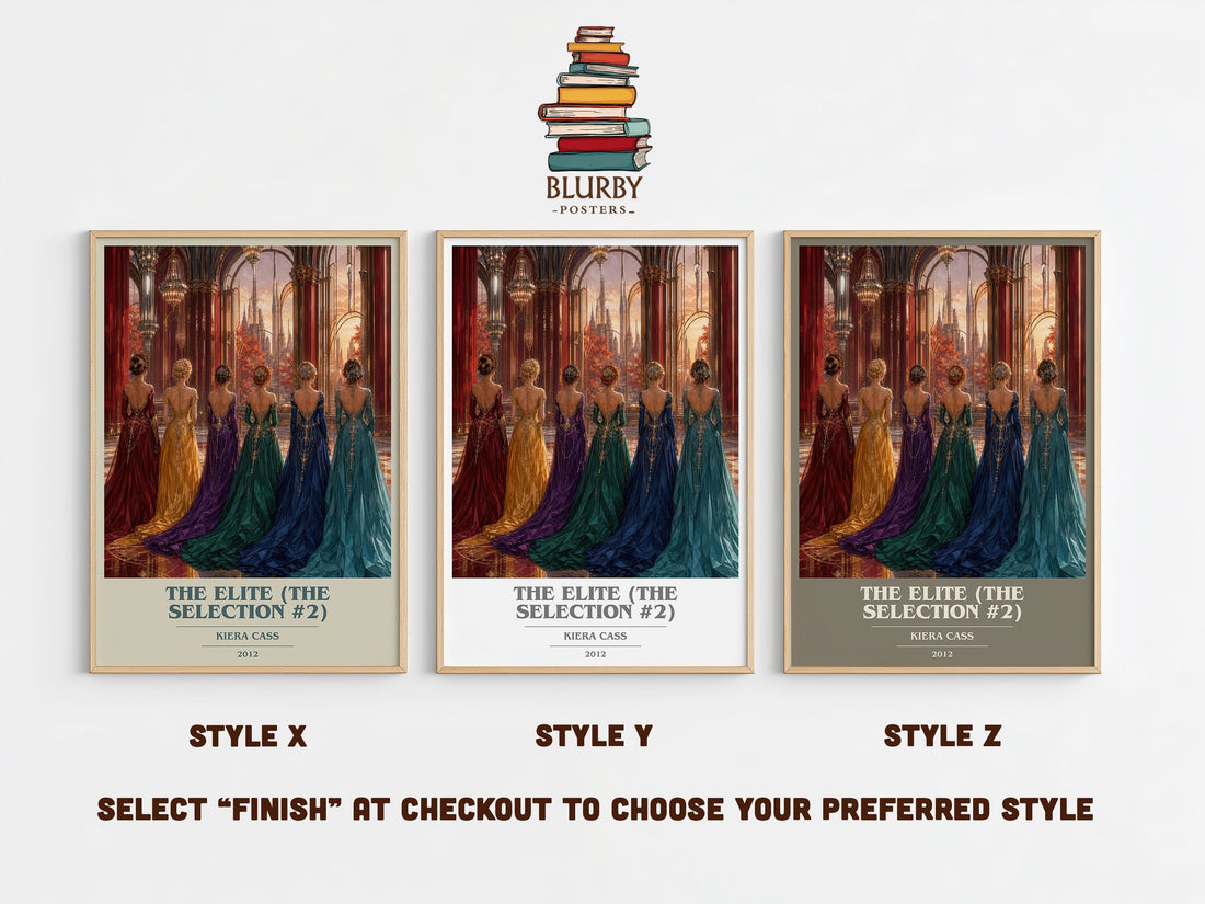 The Elite (The Selection #2) book cover print in frame leaning in hallway – young adult wall art (mockup)